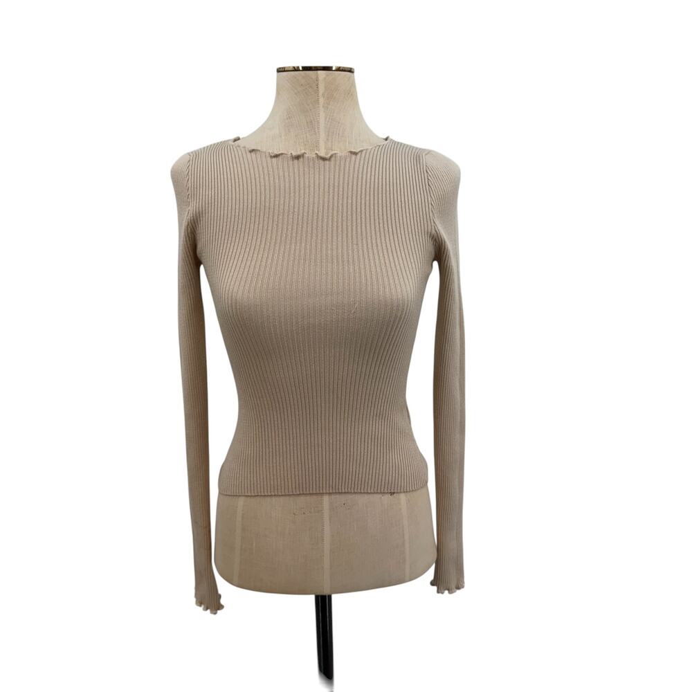 Dissh Ribbed Long Sleeve Top Beige Lettuce Edge Slim Fit Knit Size Small